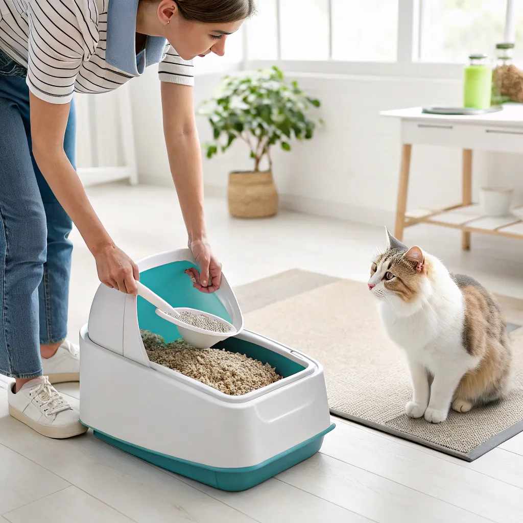  Cleaning a Norwegian Forest Cat litter box.