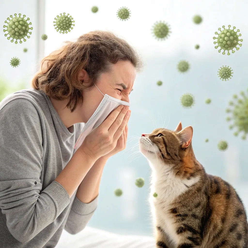 Person experiencing cat allergy symptoms near a cat.