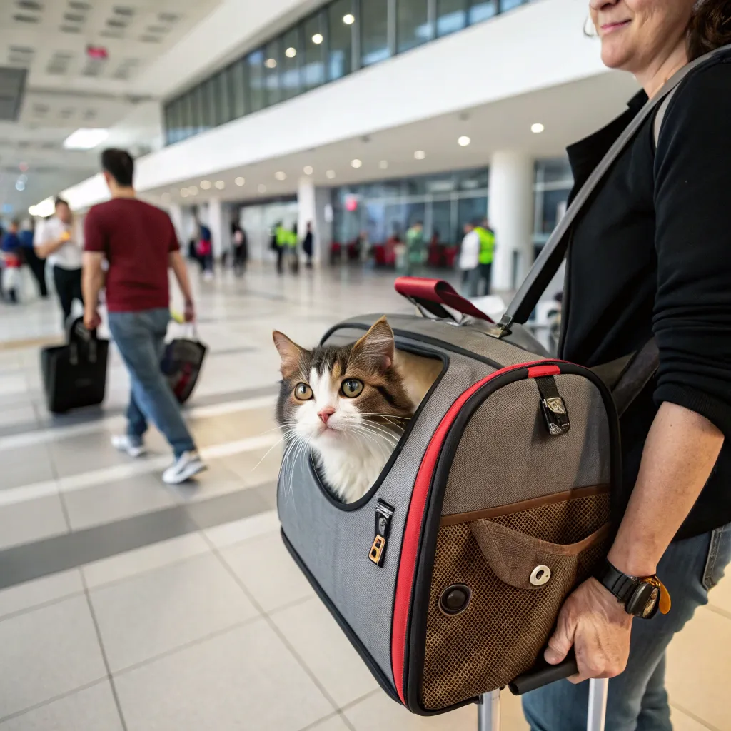 Norwegian Forest Cat in a carrier at the airport.