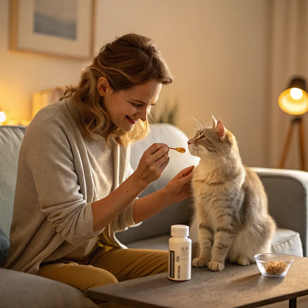 a pet owner gently administering a deworming pill