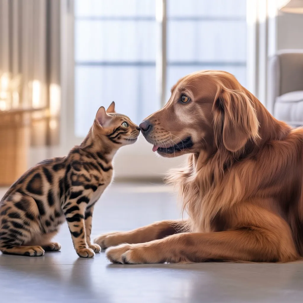 Bengal cat and dog sniffing each other, demonstrating early Bengal Dog Interaction in a safe introduction.