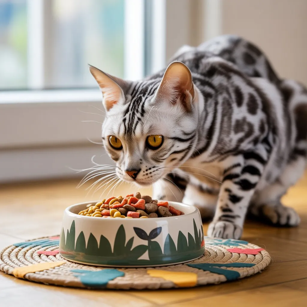 A senior Bengal cat sniffing a bowl with a mix of wet and dry food, placed on a mat with a jungle-themed design, evoking their wild ancestry