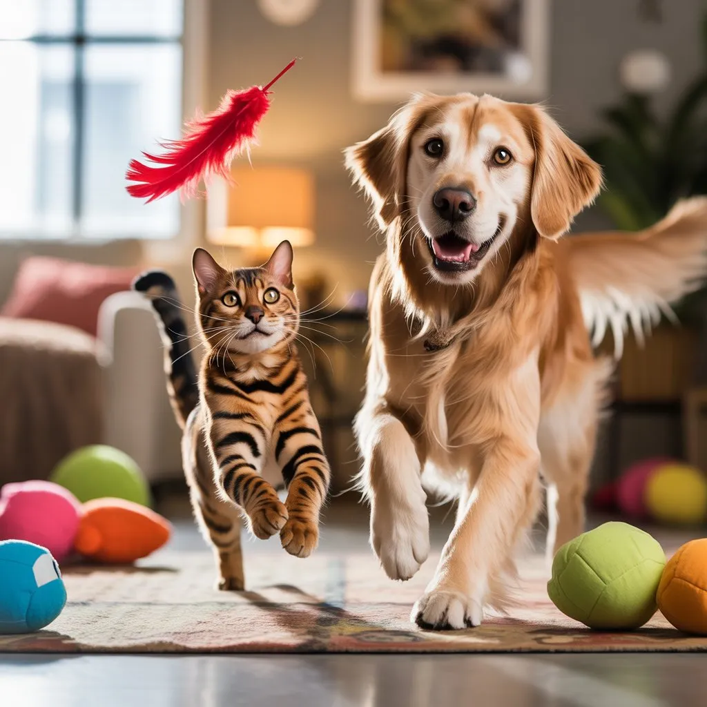 Bengal cat and dog playing together, showcasing Bengal Cat and Dog Compatibility in a cozy home setting.