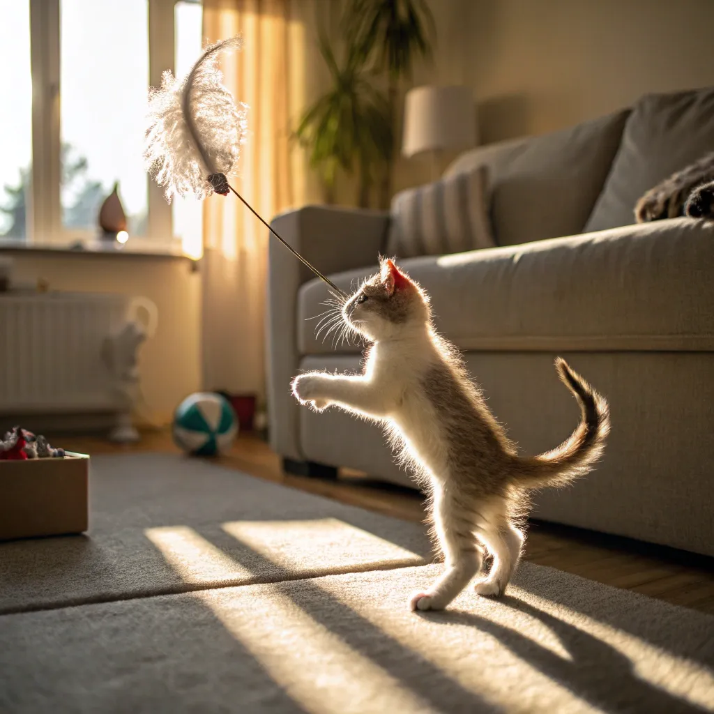 Playful Munchkin kitten with a healthy coat.