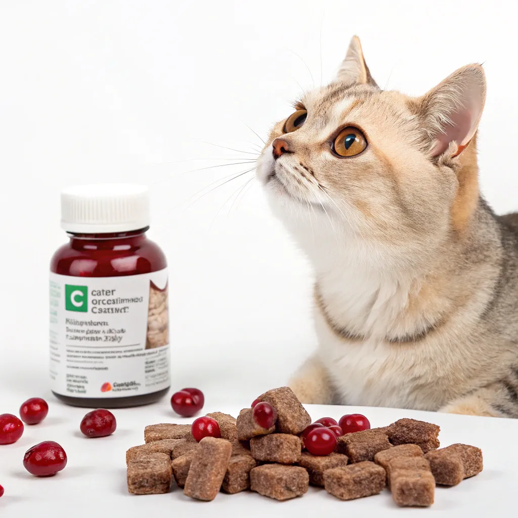  Munchkin cat with cranberry supplements and HomeoPet bottle for urinary health support.