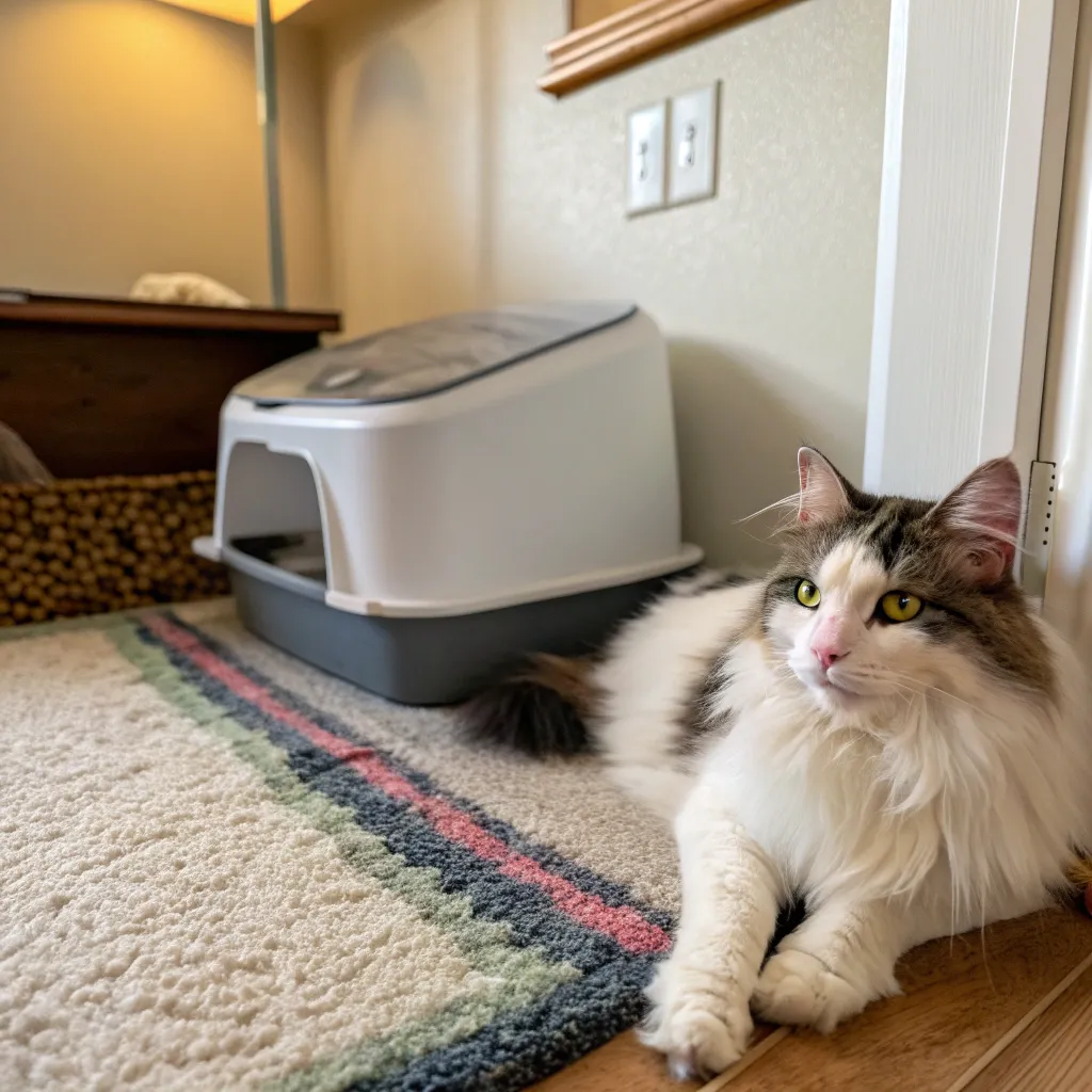  Norwegian Forest Cat near a litter box in a cozy home setting.