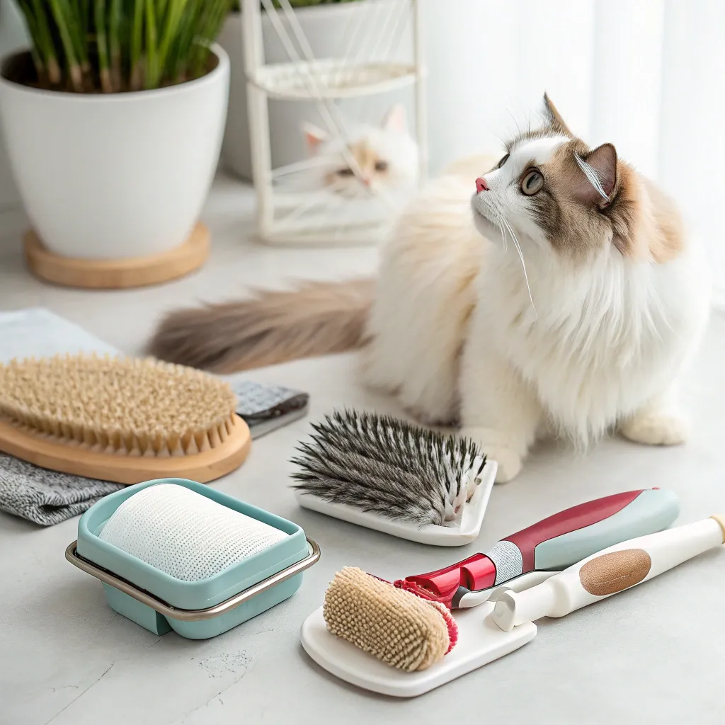 Variety of brushes for Munchkin cat grooming, ideal for managing shedding.