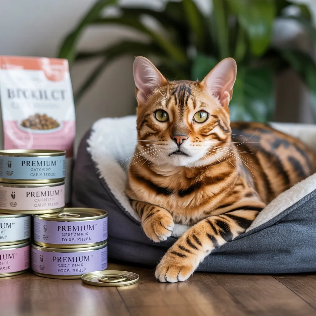 Healthy senior Bengal cat resting near premium cat food