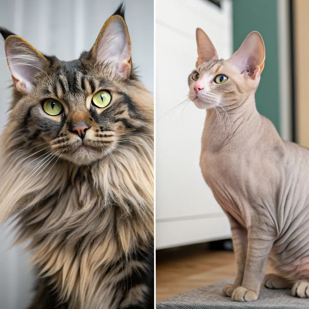 Norwegian Forest Cat vs. Sphynx cat showing coat contrast.