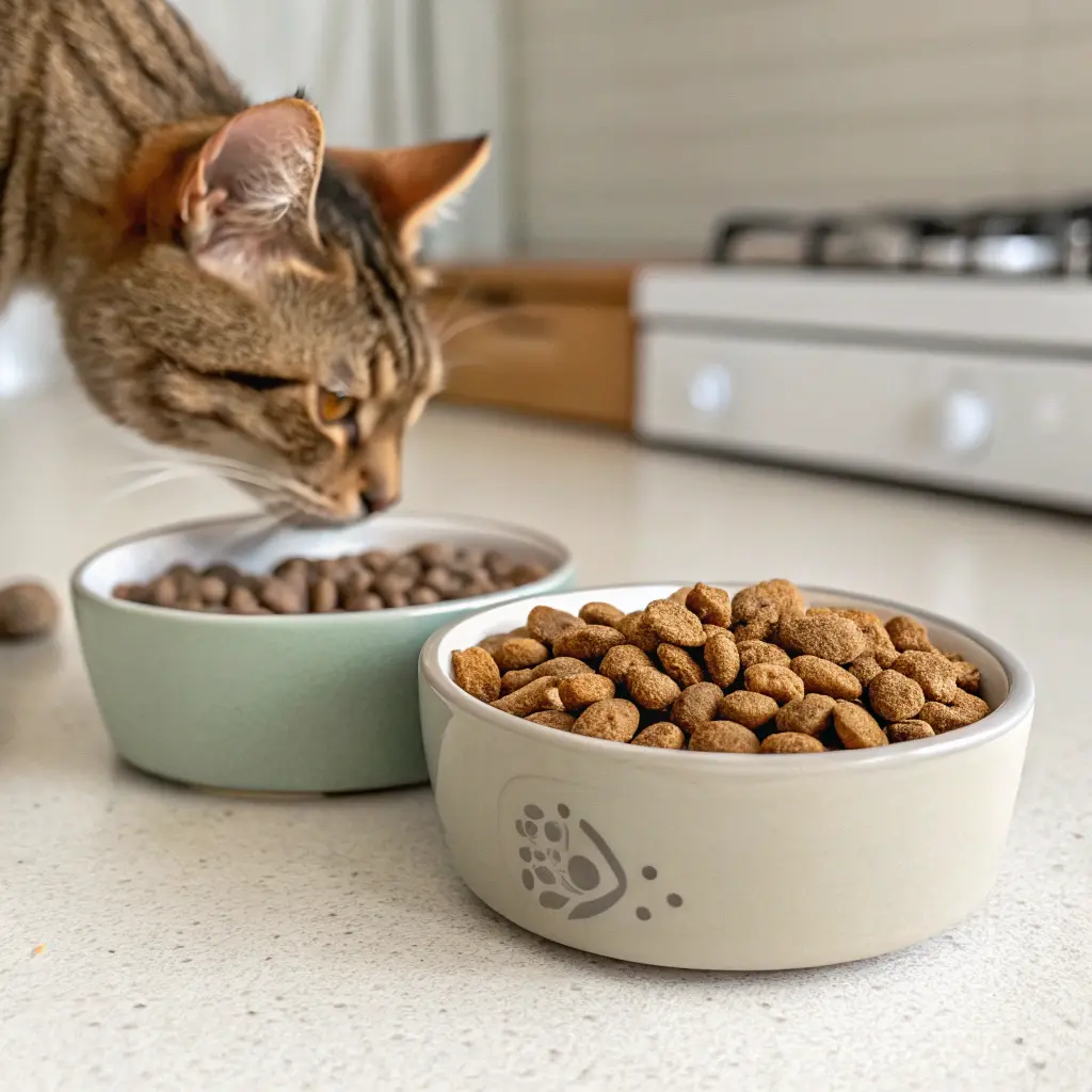a side by side comparison of dry kibble and wet ca