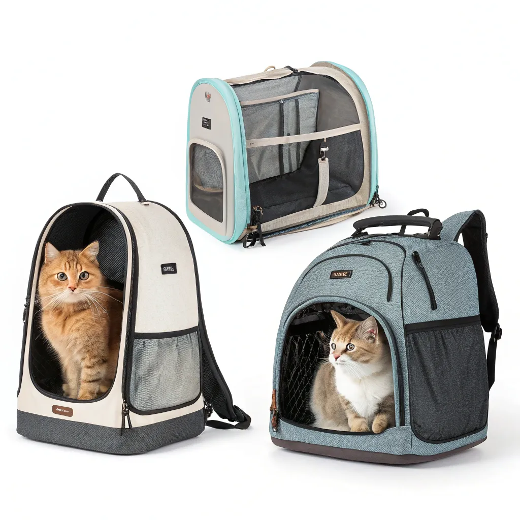Three types of Munchkin cat carriers: hard-sided, soft-sided, and backpack for travel.