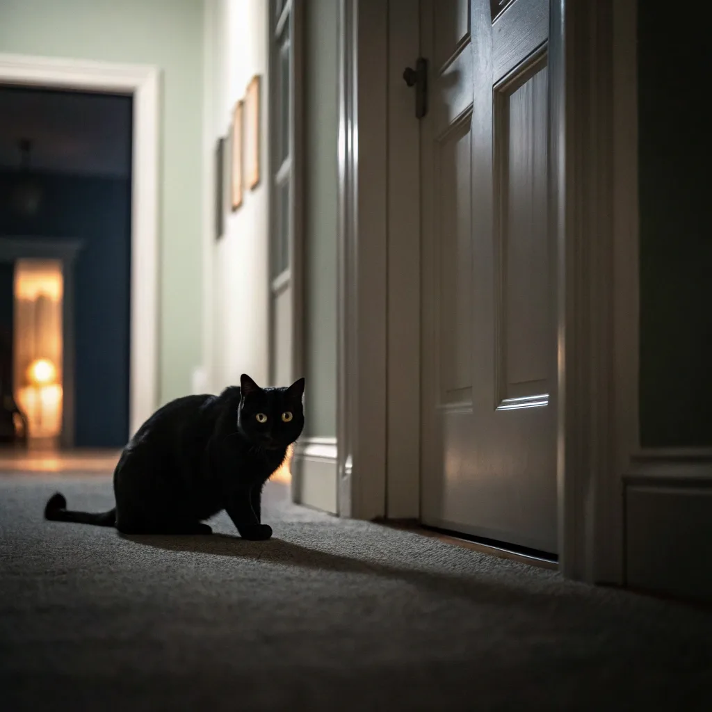 Black cat crouching by a bedroom door, displaying hunting instincts.