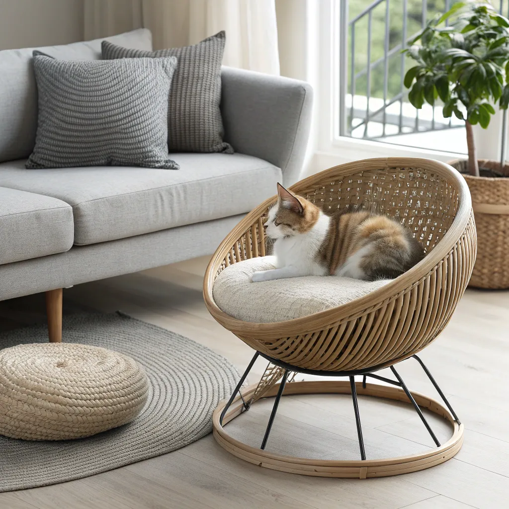 Munchkin cat in a stylish cat bed with rattan frame and plush cushion.