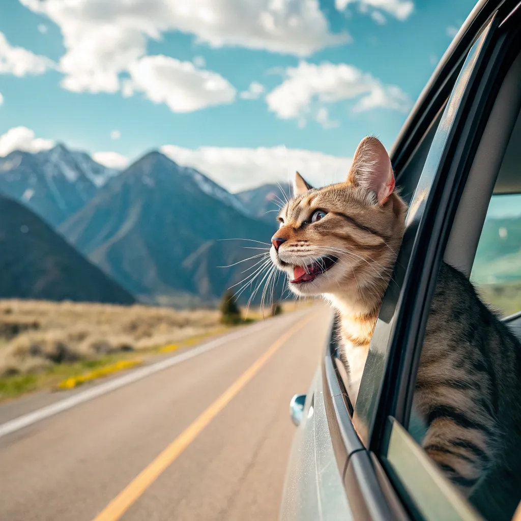 American Shorthair cat enjoying a road trip, looking out a car window with mountains in the distance.