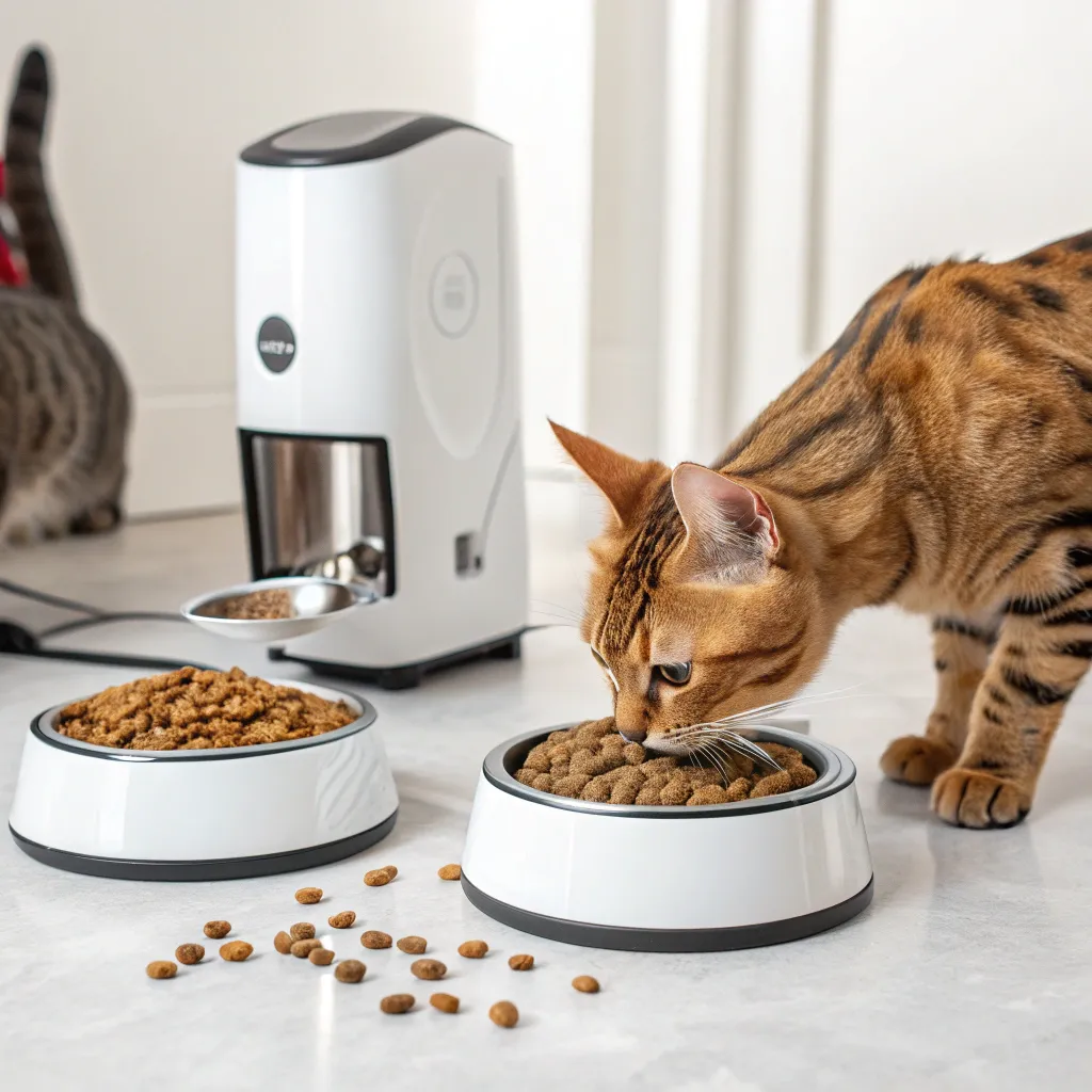 Senior Bengal cat enjoying wet and dry food at a feeding station