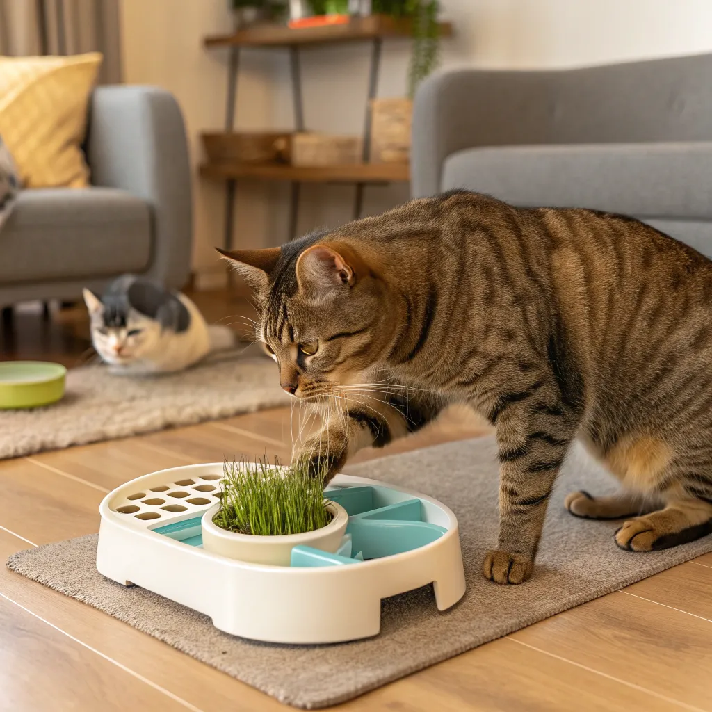 Tabby cat engaging with a puzzle feeder, with cat grass and litter box nearby.