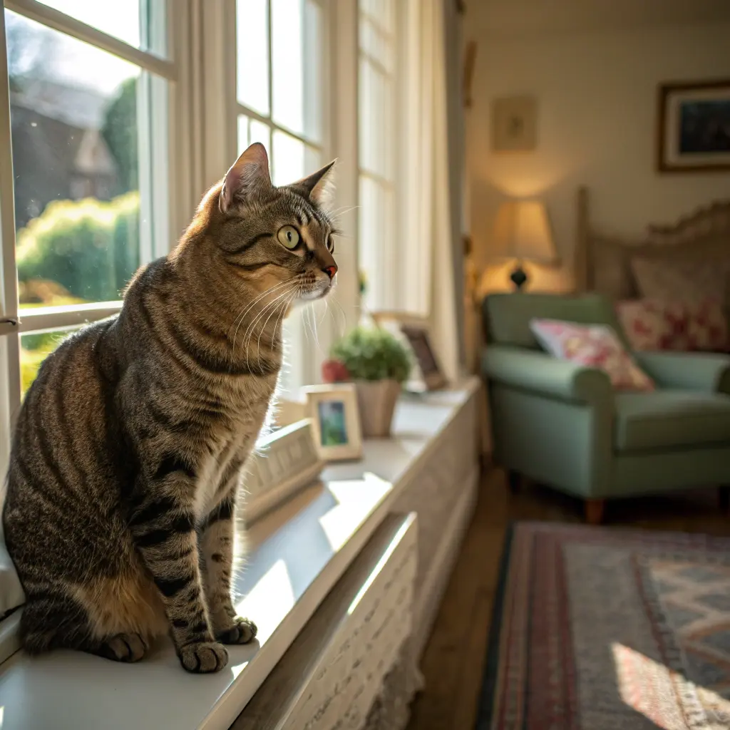 A tabby male cat with green eyes sits on a windowsill, basking in sunlight, with a cozy living room in the background.