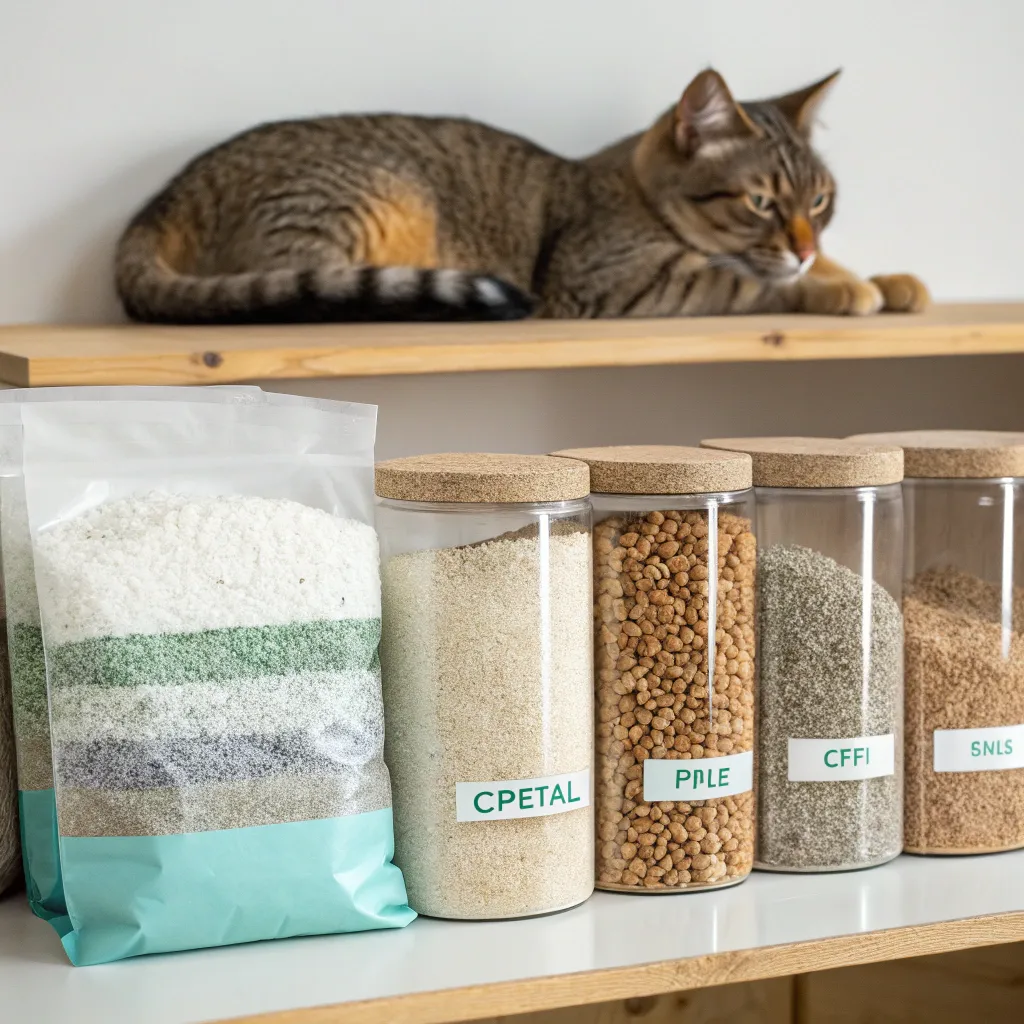 Assortment of safe cat litter options like crystal and pine pellets, with a cat in the background.