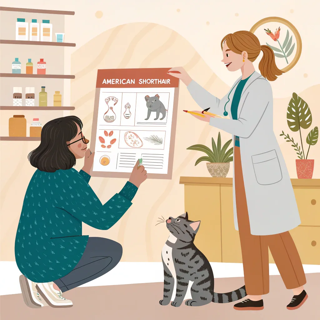  A veterinarian discussing cat care with an owner, holding a chart with nutritional tips for an American Shorthair cat.