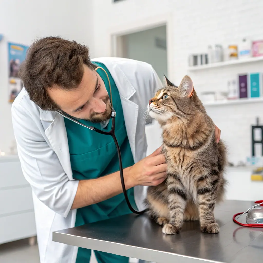  A veterinarian examines a cat with a dull coat, highlighting the importance of recognizing symptoms of worms in cats.