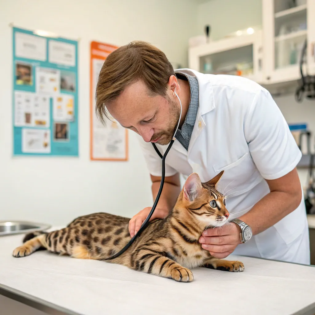 Veterinarian checking Bengal cat for health issues causing vomiting.