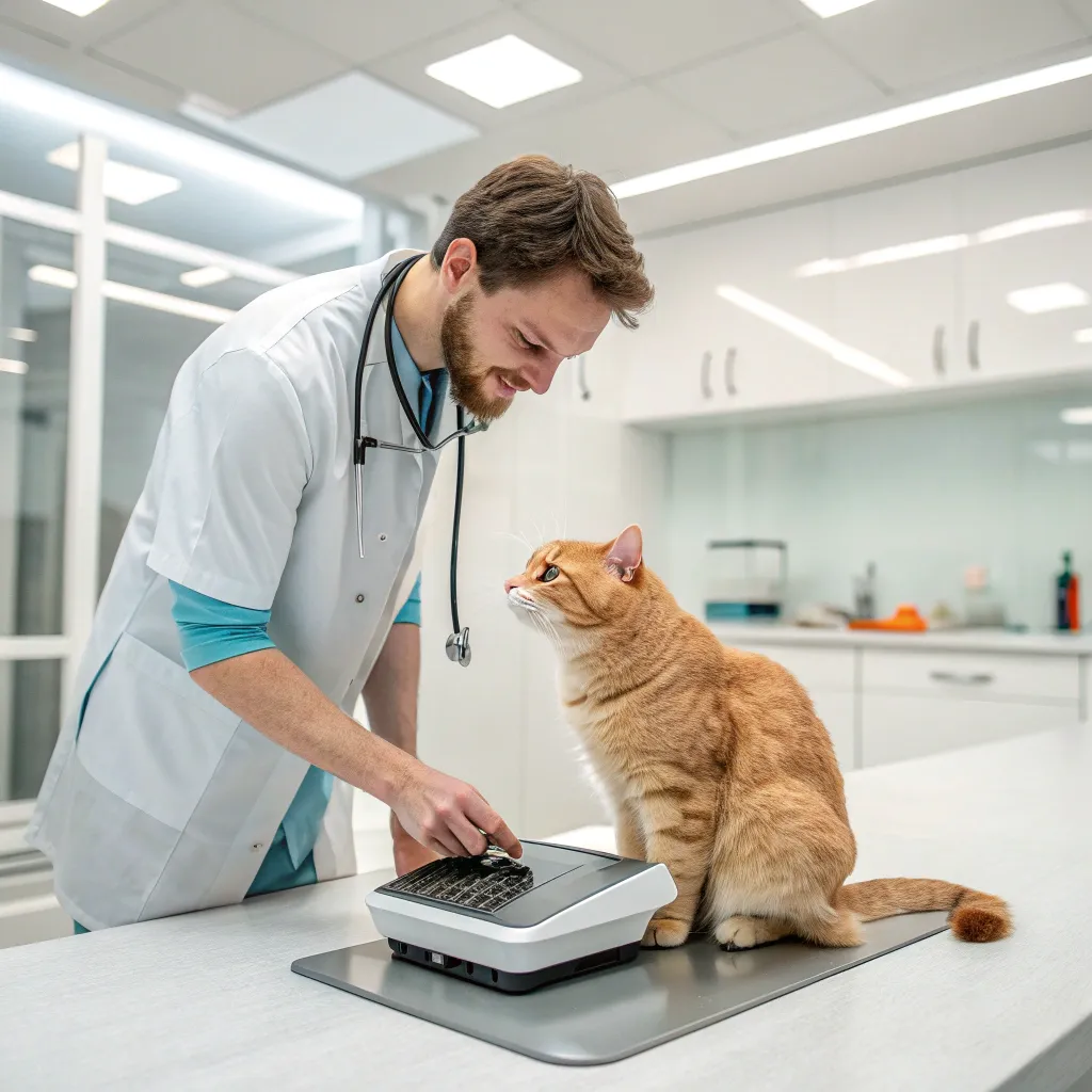 Veterinarian performing an allergy test on a Munchkin cat in a clinic.