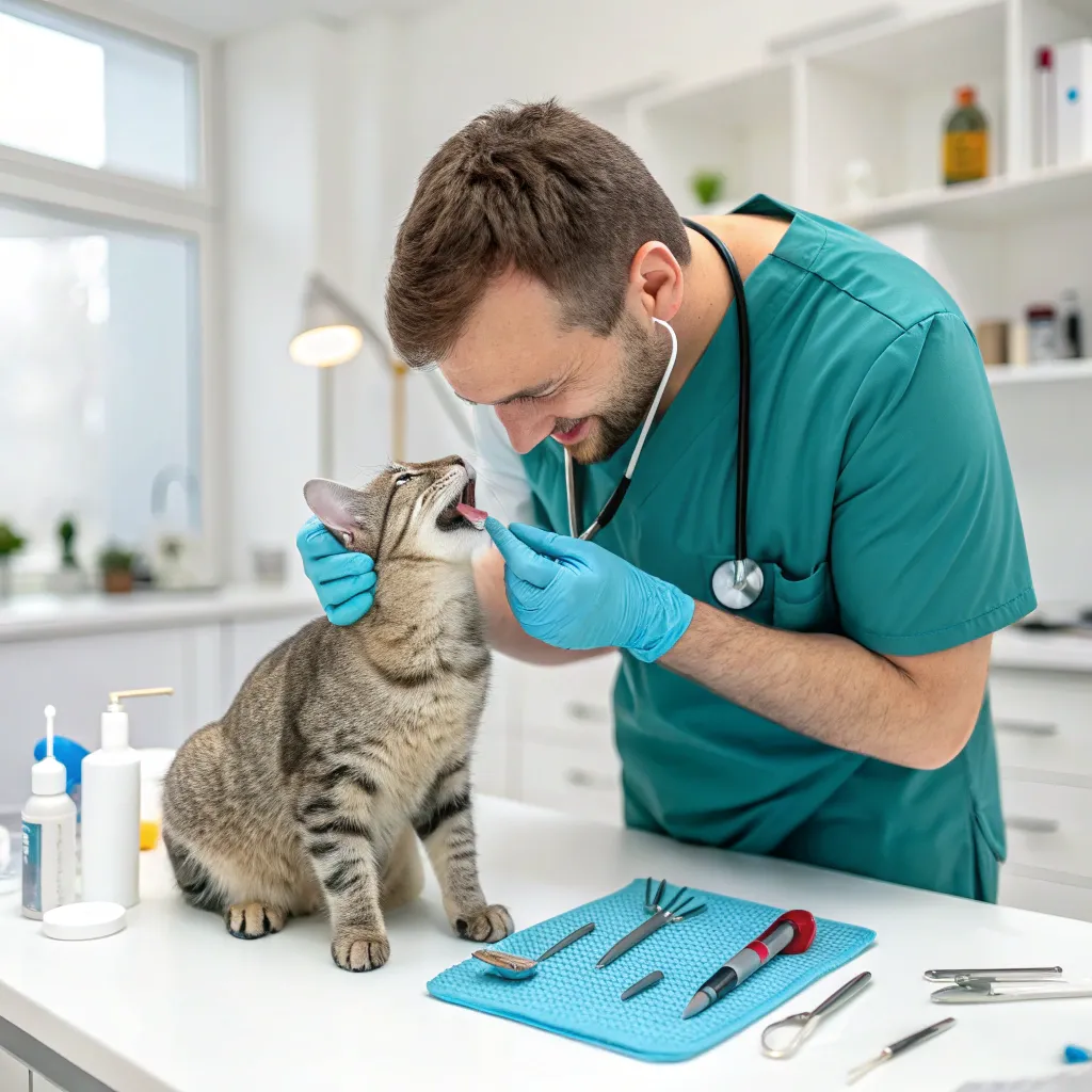 Veterinarian checking Munchkin cat’s teeth in a modern clinic.
