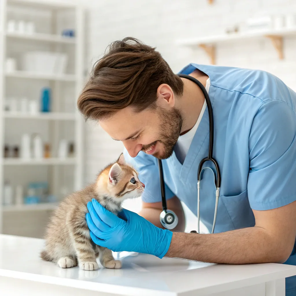 Veterinarian checking a Munchkin kitten for health.