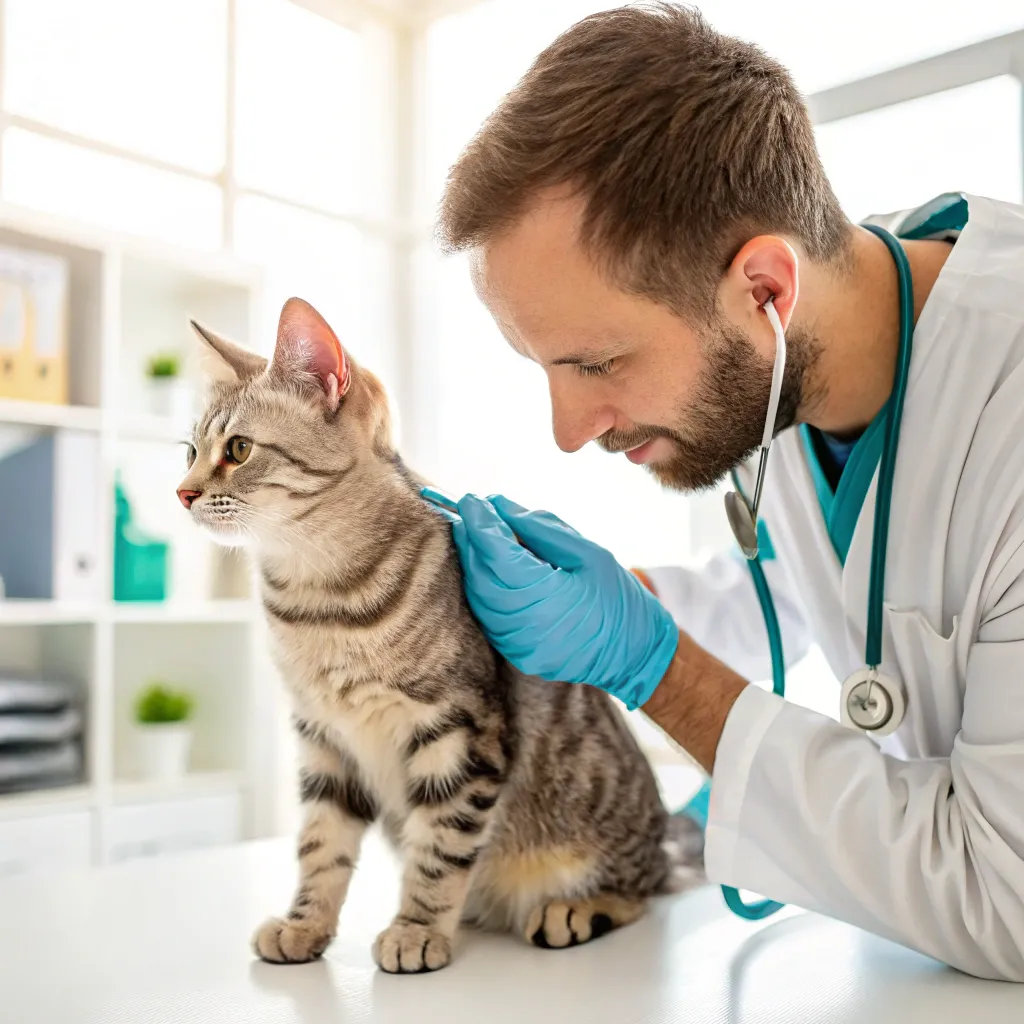 Veterinarian examining an American Shorthair cat in a clinic.