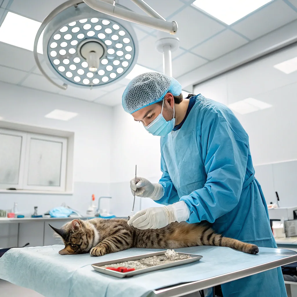 a veterinarian performing a cat spaying procedure in a sterile operating room.