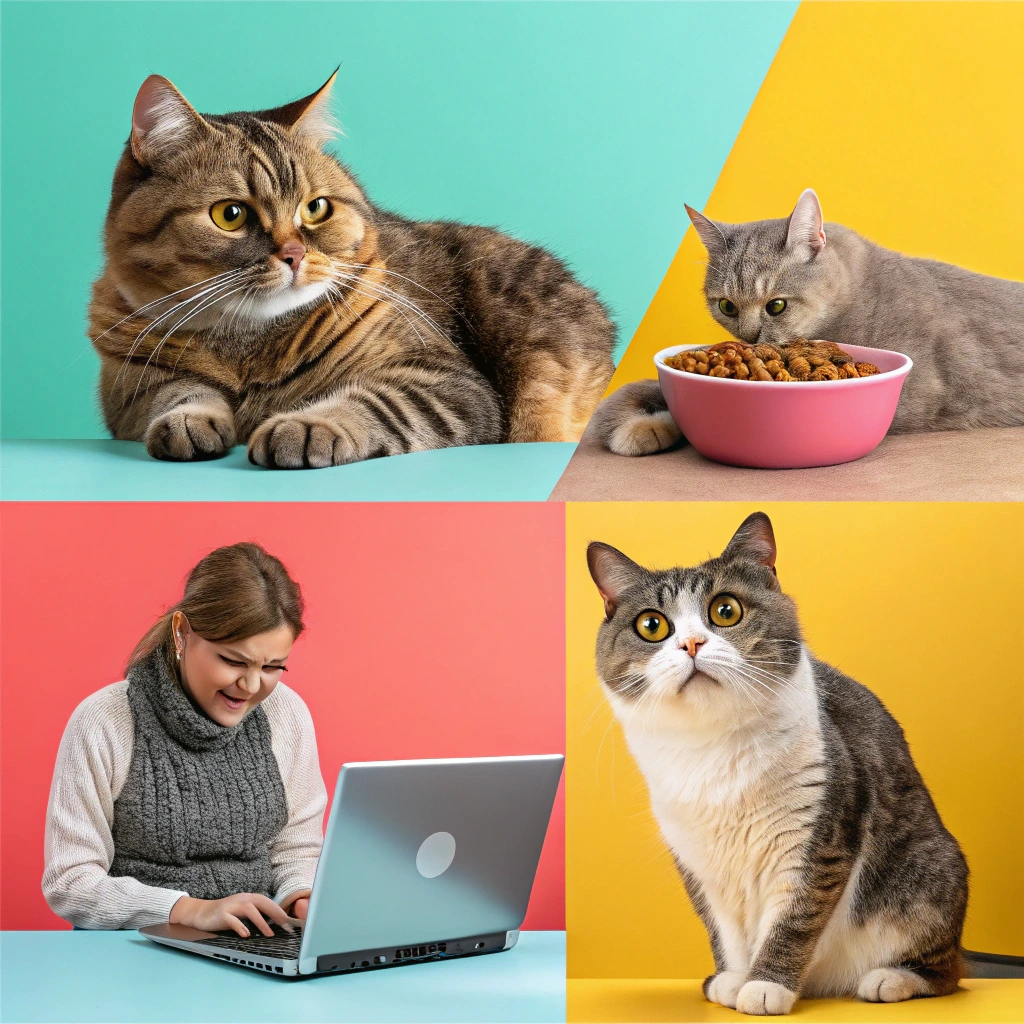 A colorful collage of funny cat memes featuring cats in humorous situations like typing, staring at food, and looking grumpy.*
