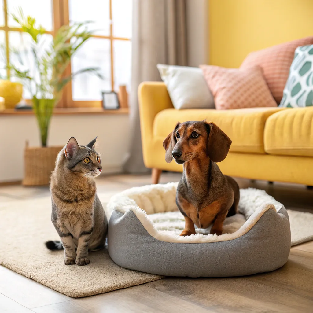 Munchkin cat and small dog together on a pet bed, showcasing cats and dogs coexistence.
