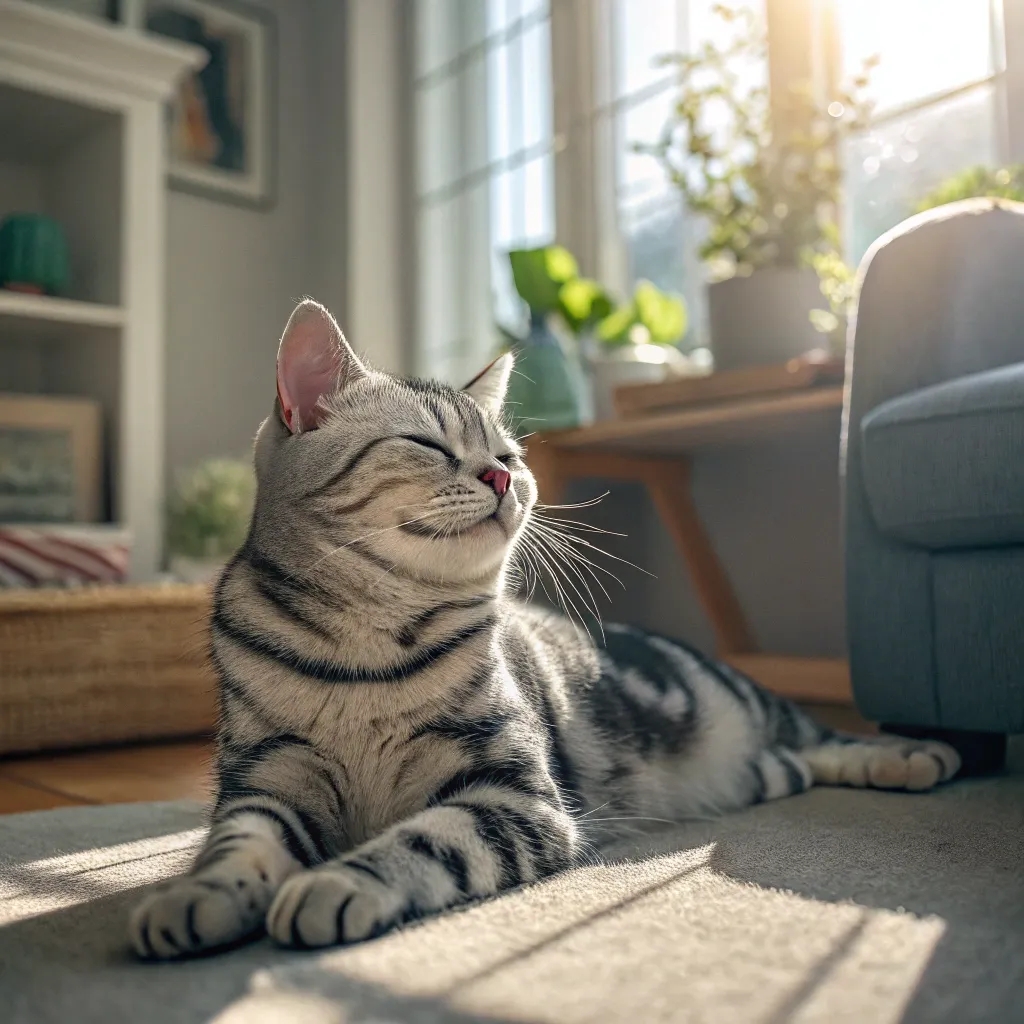 A silver-tabby American Shorthair cat relaxing in a cozy home environment.