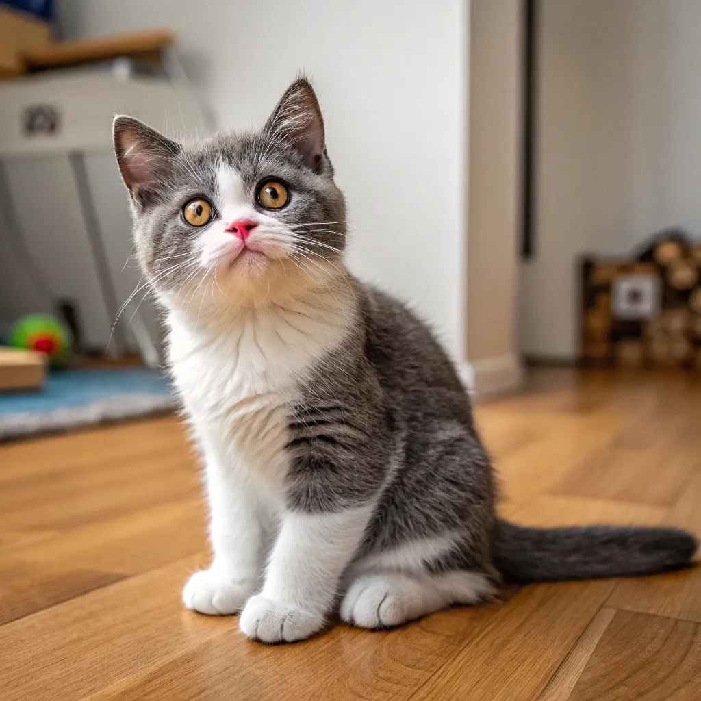 Munchkin Cat Care 1 Munchkin cat playing in a cozy, cat-friendly living room with safe furniture