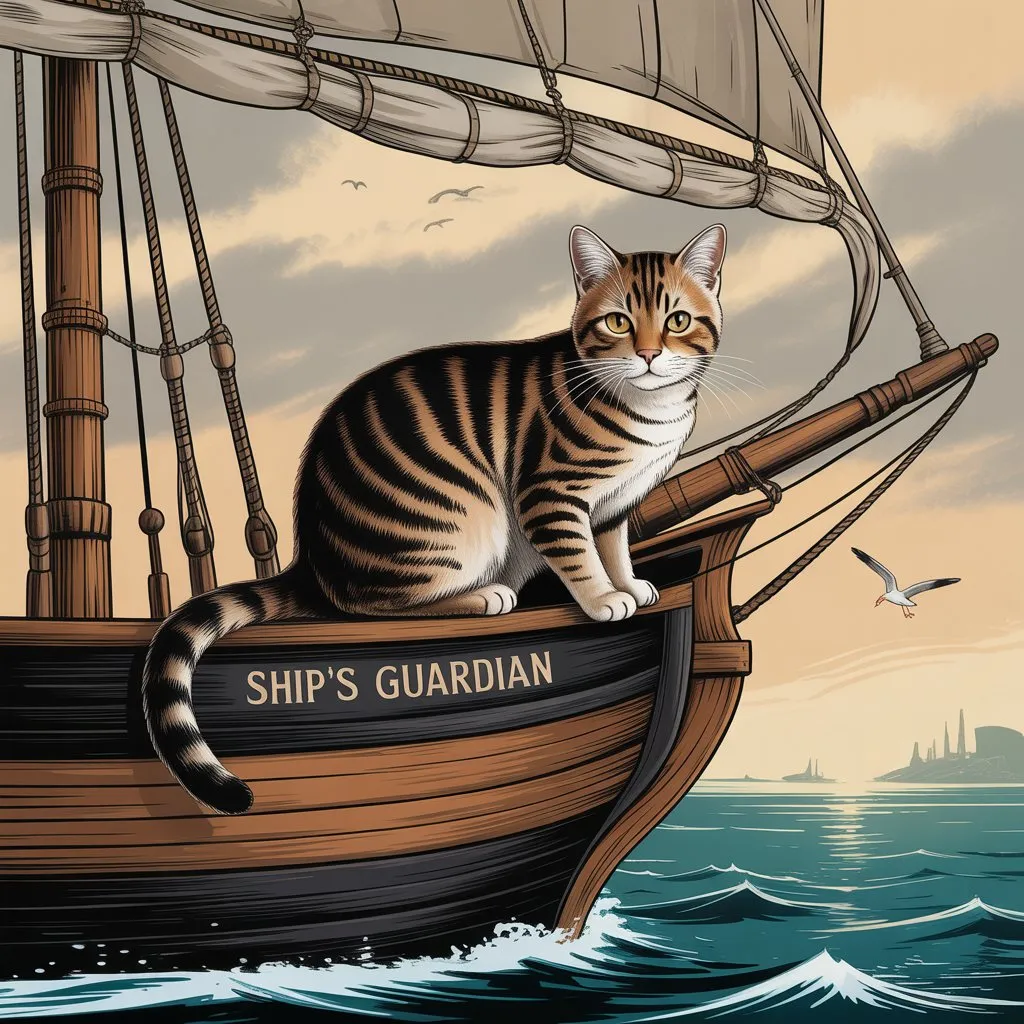 Vintage illustration of an American Shorthair cat on a ship, highlighting its historical significance.