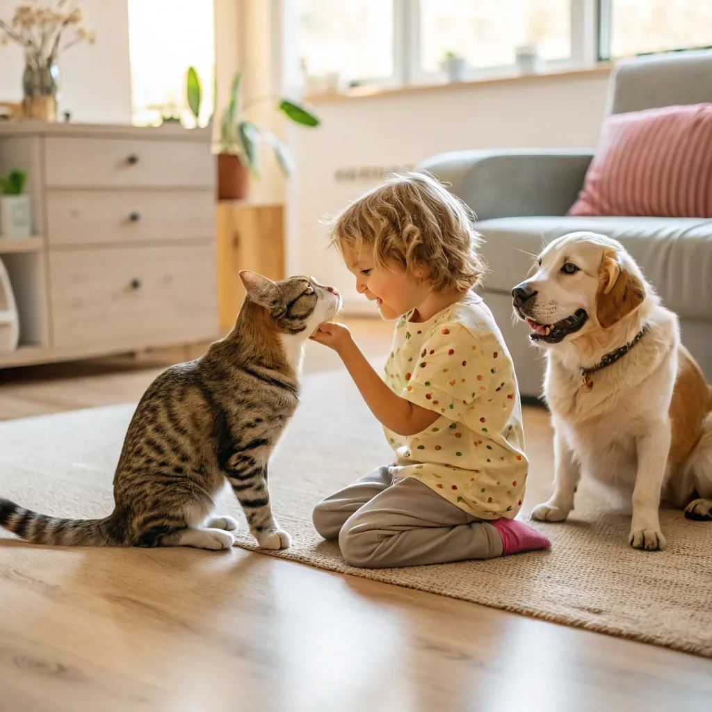 american bobtail cat interacting with a child and