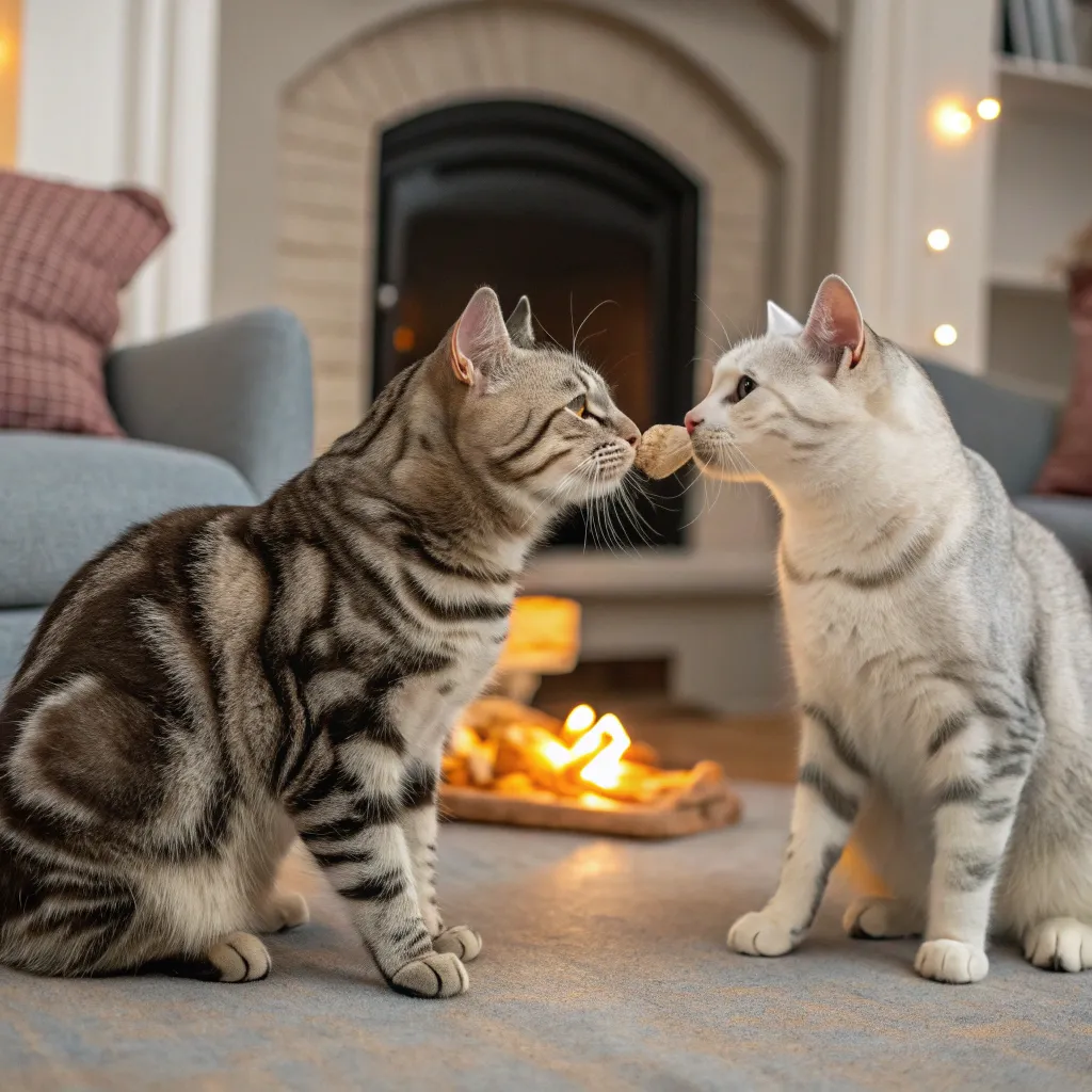 An American Shorthair and another cat enjoying a treat together during a calm introduction.