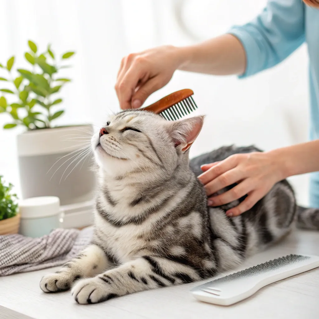 American Shorthair cat being groomed, showcasing its low-maintenance care needs.