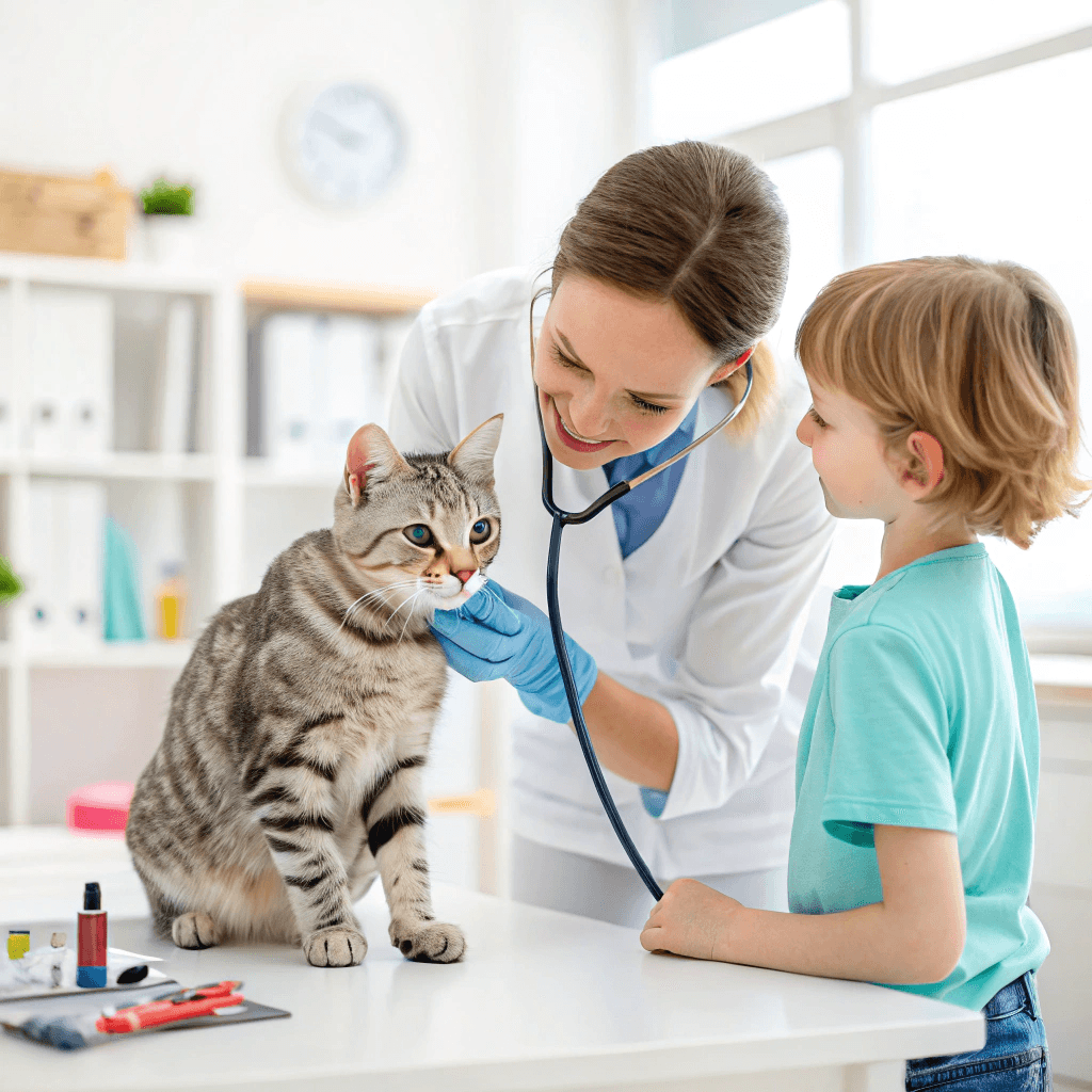 an american shorthair cat being gently examined by