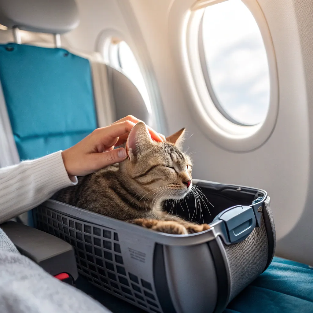 American Shorthair cat resting in a carrier under an airplane seat during a flight.