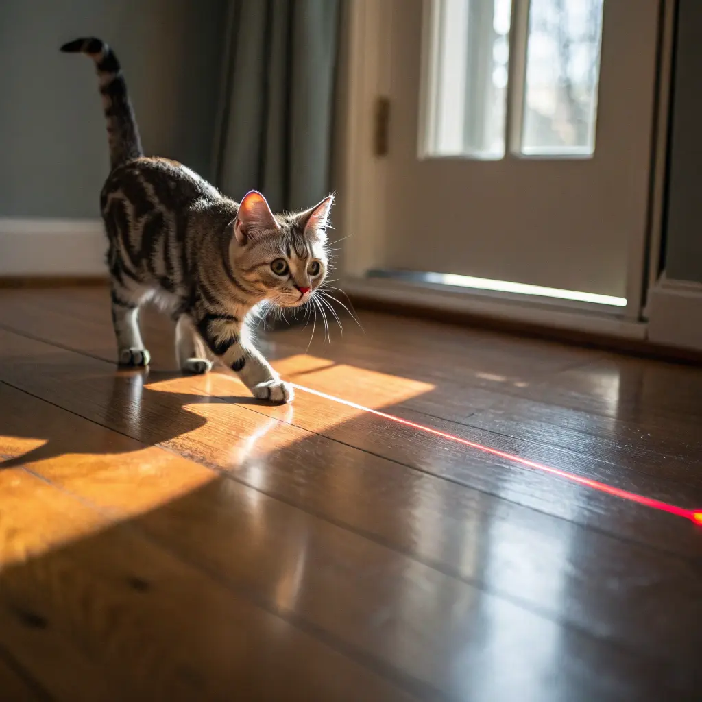 Energetic American Shorthair cat chasing a laser pointer in a sunny room
