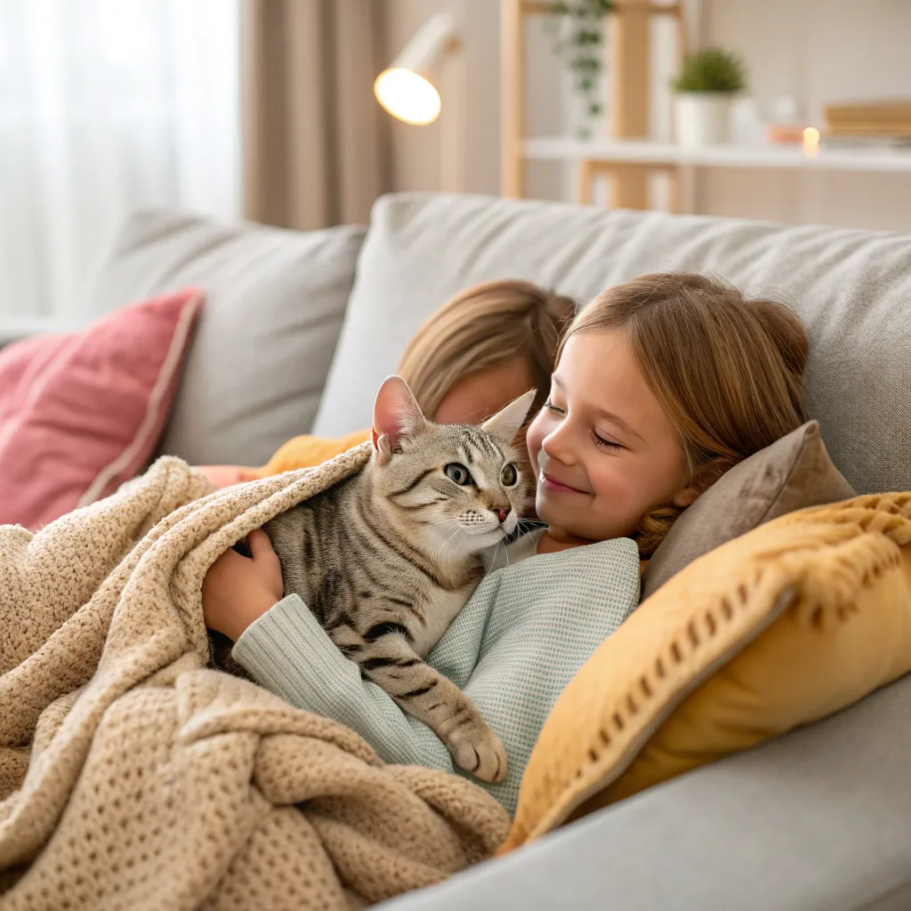 American Shorthair cat cuddling with a child, highlighting its family-friendly nature