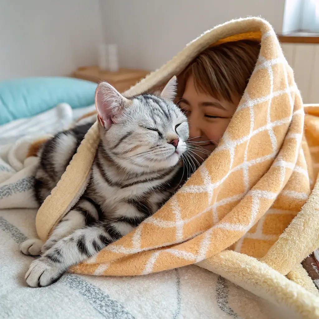 Happy American Shorthair cat resting after an active play session.