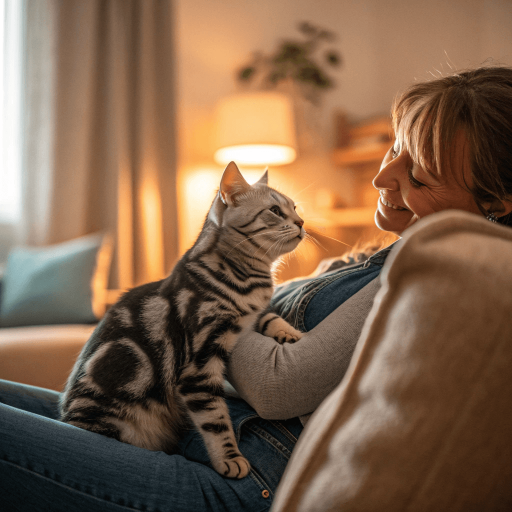  American Shorthair kneading on owner’s lap, displaying affection and trust.