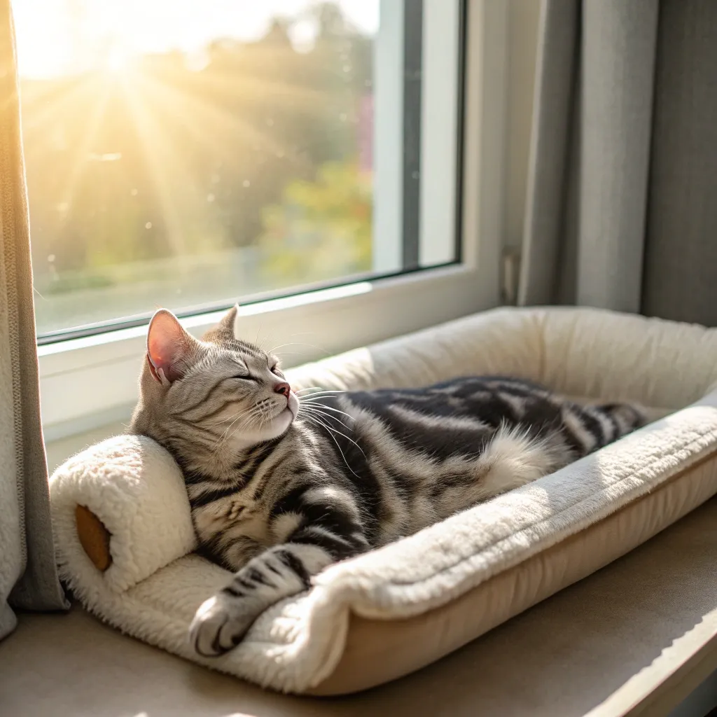 American Shorthair cat resting on a plush bolster pet bed with raised edges for comfort.