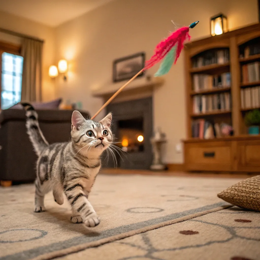 American Shorthair cat playing with a feather toy, highlighting its playful and endearing personality.
