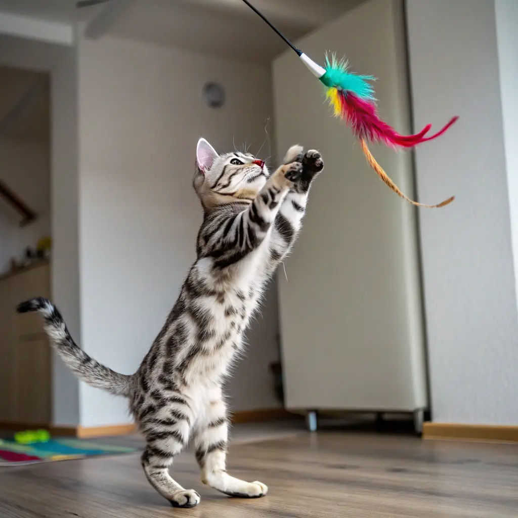 American Shorthair cat leaping to catch a feather wand during playtime.
