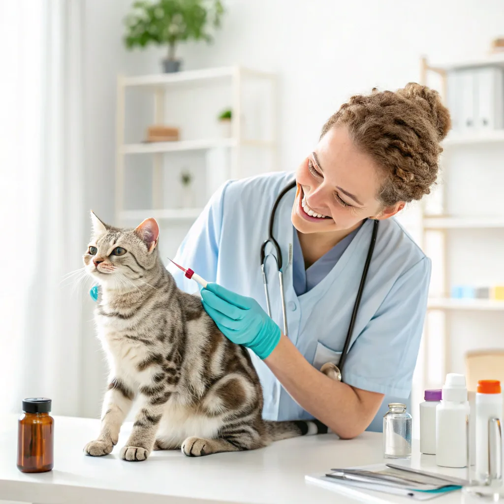 American Shorthair cat getting a vaccination from a veterinarian.