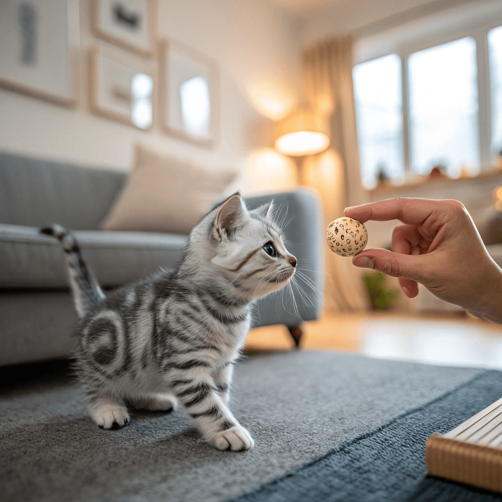 American Shorthair kitten retrieving a ball during fetch training.