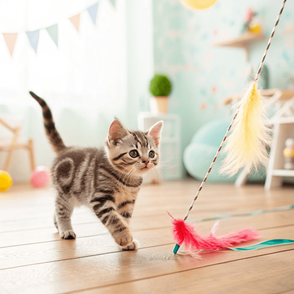 American Shorthair kitten chasing a feather toy during playtime.